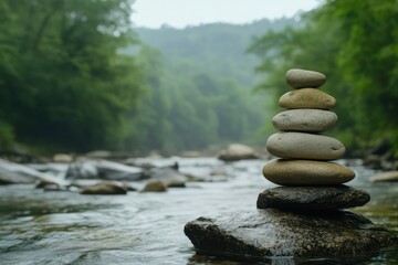 Balanced stones near river with forest blur