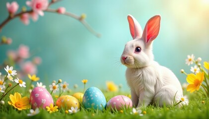 Cheerful Easter bunny banner with colorful eggs and spring flowers Perfect for Easter decorations and celebrations , adorable, colorful