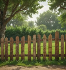 Naklejka premium Rustic wooden fence displays vibrant poster, lush green grass, leafy trees , vibrant, colorful, illustration