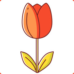 Flat vector illustration of tulip on the white background. Single red flower and green leafs. Vector EPS 10