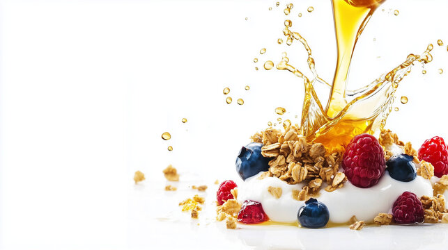 natural pure organic honey pouring into yogurt  with strawberries, berries  & other fruits isolated on white background food photography 