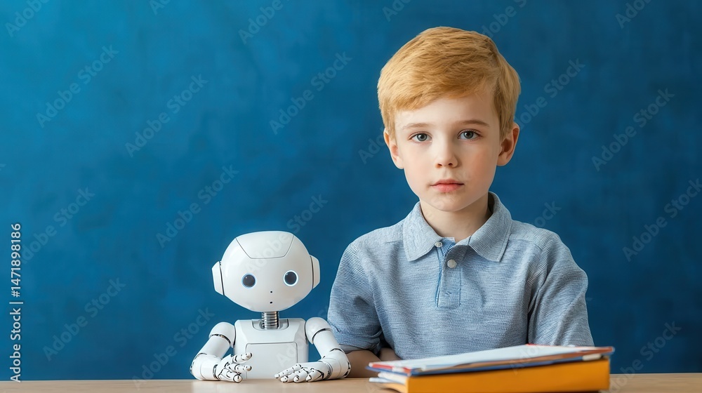 Poster a young boy sits beside a small robot and a stack of books against a blue background, suggesting lea