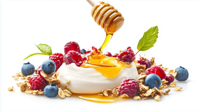 natural pure organic honey pouring into yogurt  with strawberries, berries  & other fruits isolated on white background food photography 