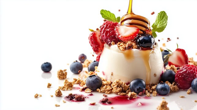 natural pure organic honey pouring into yogurt  with strawberries & fruits food photography 