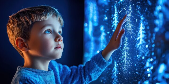 A young boy touches a glowing digital screen displaying blue illuminated trees, his face bathed in soft light and wonder.