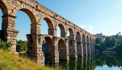 Fototapeta premium Ancient Roman aqueduct, weathered stone, historical architecture, impressive engineering feat, sunny day , construction, old, roman
