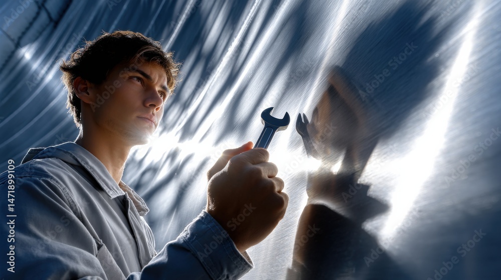 Aufkleber a man is holding a wrench and looking at a shiny surface