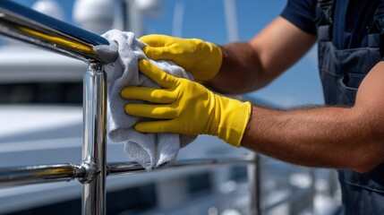 A man is cleaning a railing with a yellow glove on