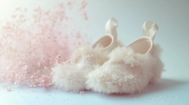 child beautiful tiny fluffy shoes  isolated on defocused blue background closeup shot product photography