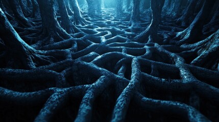 Dark forest path, roots, trees, mystical background, fantasy illustration
