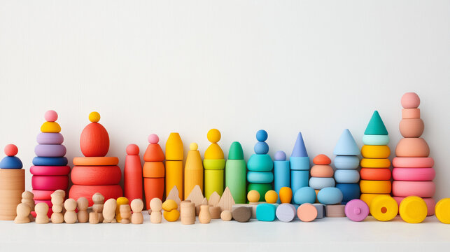 colorful wooden geometric toys isolated on white background