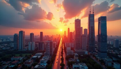 Fototapeta premium Modern city office buildings at sunset, reflecting the urban skyline , gold, night, urban landscape