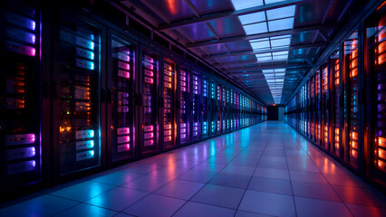 Modern High Performance Data Center Infrastructure, Illuminated Server Racks in Futuristic High-Tech Network Corridor. Next-Gen Computing Facility