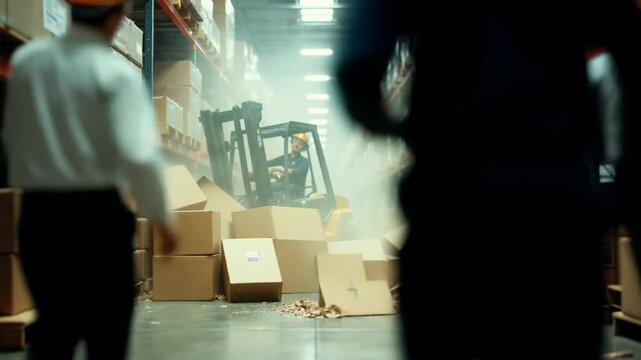 Workers respond to a serious forklift accident in a busy warehouse with falling shelves and damaged boxes