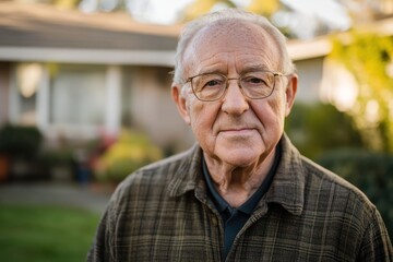 Senior man standing in front of suburban house