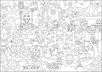 Fototapeta premium Vector black and white fairy garden background with girls. Fairytale princess back yard landscape. Magic orchard line scenery with gazebo, fountain. Fantasy scene illustration, coloring page