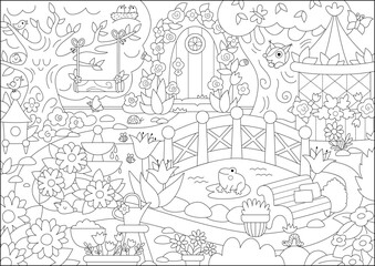 Vector empty black and white fairy garden background. Fairytale little princess back yard landscape. Magic orchard line scenery with fountain, pond, bench. Fantasy scene illustration, coloring page