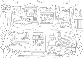 Vector black and white acorn fairy house background. Woodland princess home interior landscape. Fantasy forest line scene. Magic fairytale treehouse scenery or coloring page with furniture