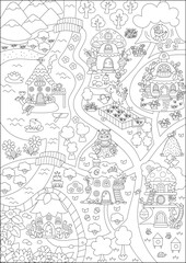 Fototapeta premium Vector black and white fairyland map background. Cute fairy land landscape. Woodland scenery with treehouses, dragon, roads, bridge, river. Fantasy forest line scene illustration, coloring page