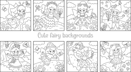 Vector black and white square fairy backgrounds set. Fairyland line landscape collection. Cute scenery with magic princess with meadow, flower. Fantasy nature scene illustration, coloring page
