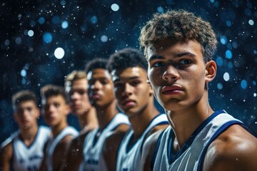 Portrait of young male basketball team in gym