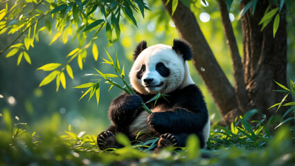 Obraz premium Playful panda character holding a bamboo stalk, sitting under a leafy tree