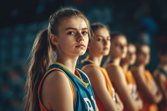 Portrait of young female basketball team indoors