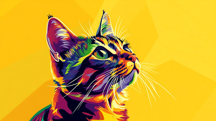 Vibrant Pop Art Cat Portrait  Yellow Background  Feline  Pet  Animal  Colorful  Graphic  D