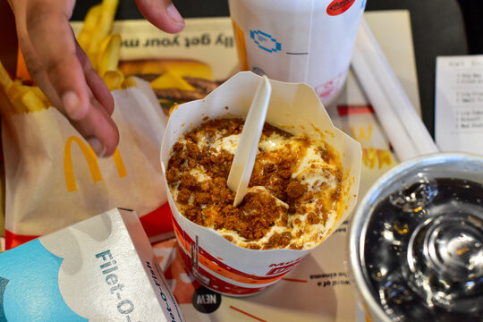Mcdonalds fast food on a tray in the restaurant 
