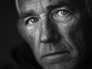 Obraz premium Close-up grayscale portrait of a pensive older man.