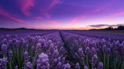 Obraz premium Lavender Field at Sunset with Vibrant Sky and Soft Clouds