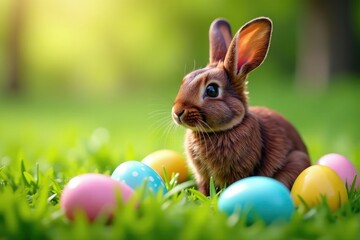 Adorable chocolate rabbit nestled in Easter grass, surrounded by colorful eggs , cheerful, dessert