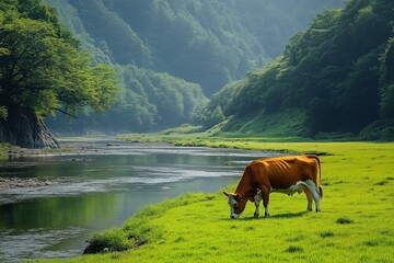 Brown Cow Grazing Near the River in Misty Landscape