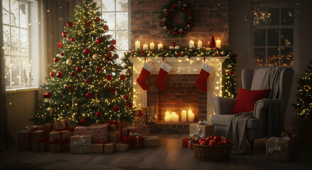Fototapeta premium Cozy Christmas: Tree, Fireplace & Gifts! Festive Holiday Decor, Warm Ambiance & Joyful Moments. Embrace the Season's Magic!