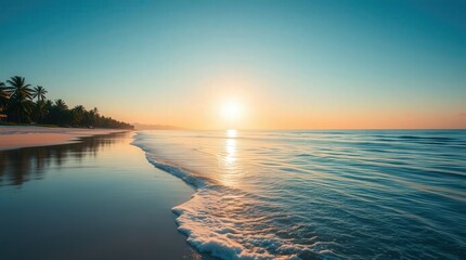 Obraz premium Serene Beach Sunrise with Calm Waters and Lush Tropical Palm Trees