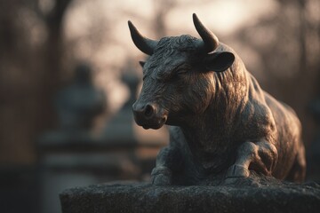 Bronze bull sculpture in tranquil outdoor setting.