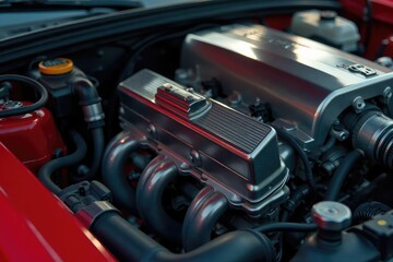 Fototapeta premium Close-up of car engine components, gleaming metal parts reflecting light , engine parts, engine