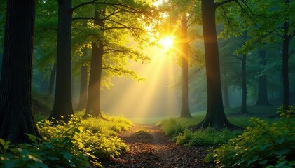 Serene forest scene at sunrise, dappled sunlight filtering through leaves , morning, magical, landscape