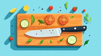 Obraz premium Fresh Veggie Prep Knife with Board, and Herbs.