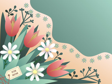 Fototapeta Mother's Day card with tulips. pastel background for inscriptions with a flower bouquet of tulips and daisies for a postcard.