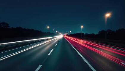 Obraz premium Blurred motion of a speeding car on a highway at night, streaks of light painting the asphalt , dynamic, bokeh, velocity