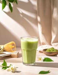 Iced matcha on a neutral background