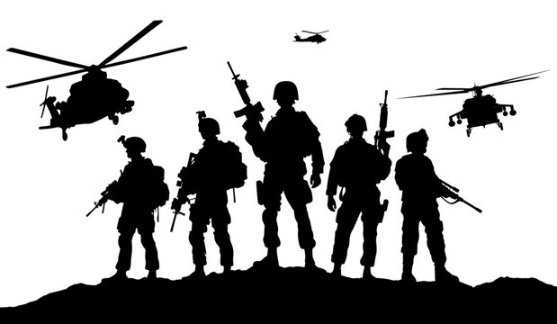 USA military army soldiers with weapon at war. Army soldier or veteran in attack with helicopter. American independence or memorial day vector silhouette background with pride, honor and security icon - Powered by Adobe