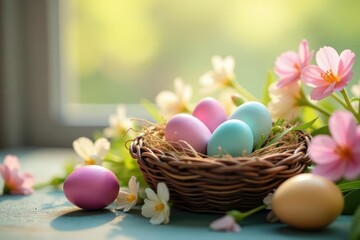 Pastel colored eggs nestled in a spring flower arrangement, sunlight streaming through window , Easter eggs, colorful eggs