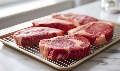 Fototapeta premium raw marbled beef steaks arranged on a wire rack over a baking tray, Generative AI