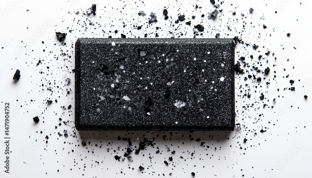 Fototapete Abstract Black Rectangular Object Covered with Silver Glitter on a White Background with Scattered Sparkles Creating a Festive and Decorative Texture