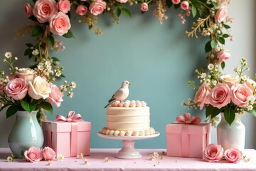 Elegant bridal shower setup with floral arrangements, cake, and gifts , feminine, gathering