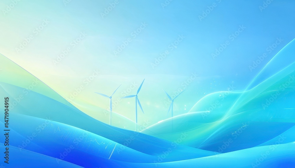 Poster abstract blue gradient background with wind turbines generating renewable energy and clean electrici