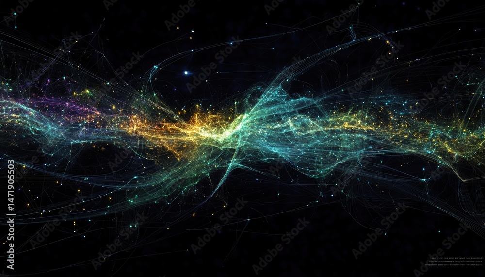 Poster abstract data stream with golden and blue particles in dark background glowing digital network with 