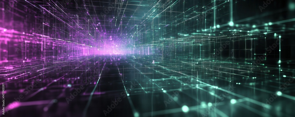 Poster abstract digital network background with glowing lines and geometric structure in purple and teal to